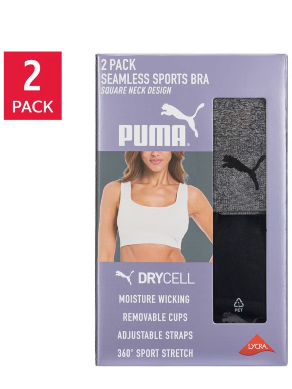 PUMA Womens Seamless Square Neck 2 Pack Sports Bra Medium